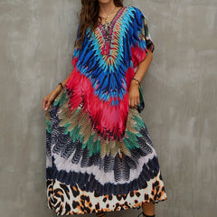 Feather Leopard Print Plus Size Boho Cover Up V Neck Tie Front