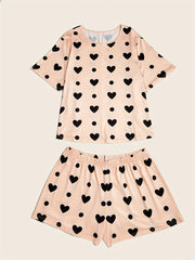 Heart & Dot Print T-shirt & Shorts Pajama Set