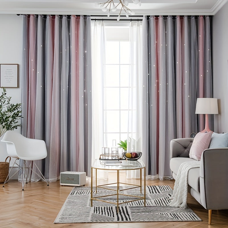 Romantic Double Striped Curtains Glow In Dark Stars for Living Room Bedroom