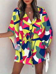 Bell Sleeve Button Dress V Neck Drawstring Casual