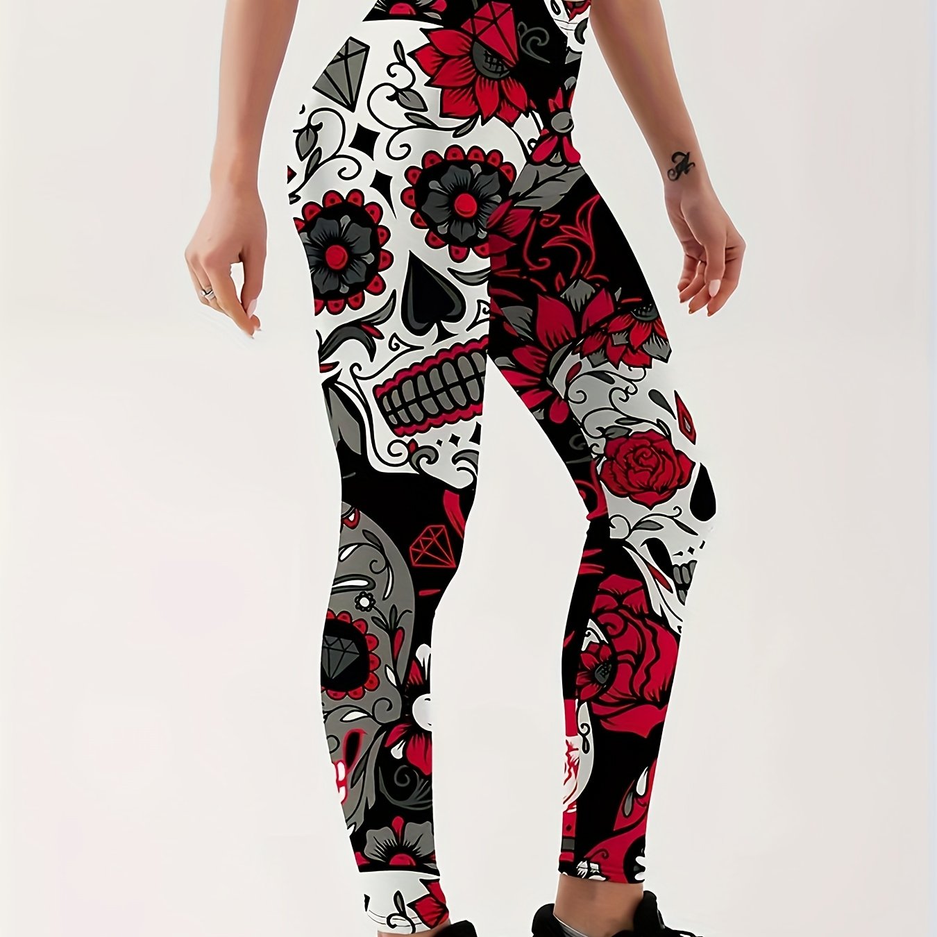 Halloween Leggings Women's Skull & Floral Print High Rise
