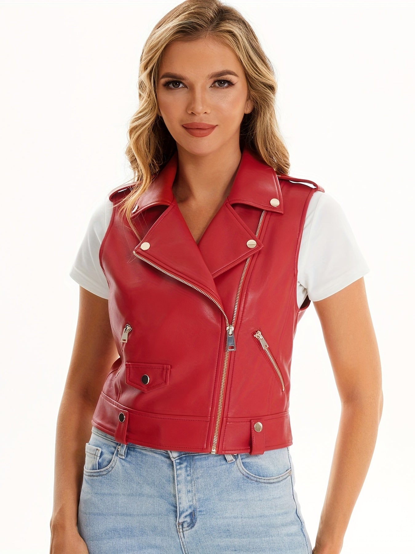 Casual Sleeveless Leather Zipper Vest Women's Clothing
