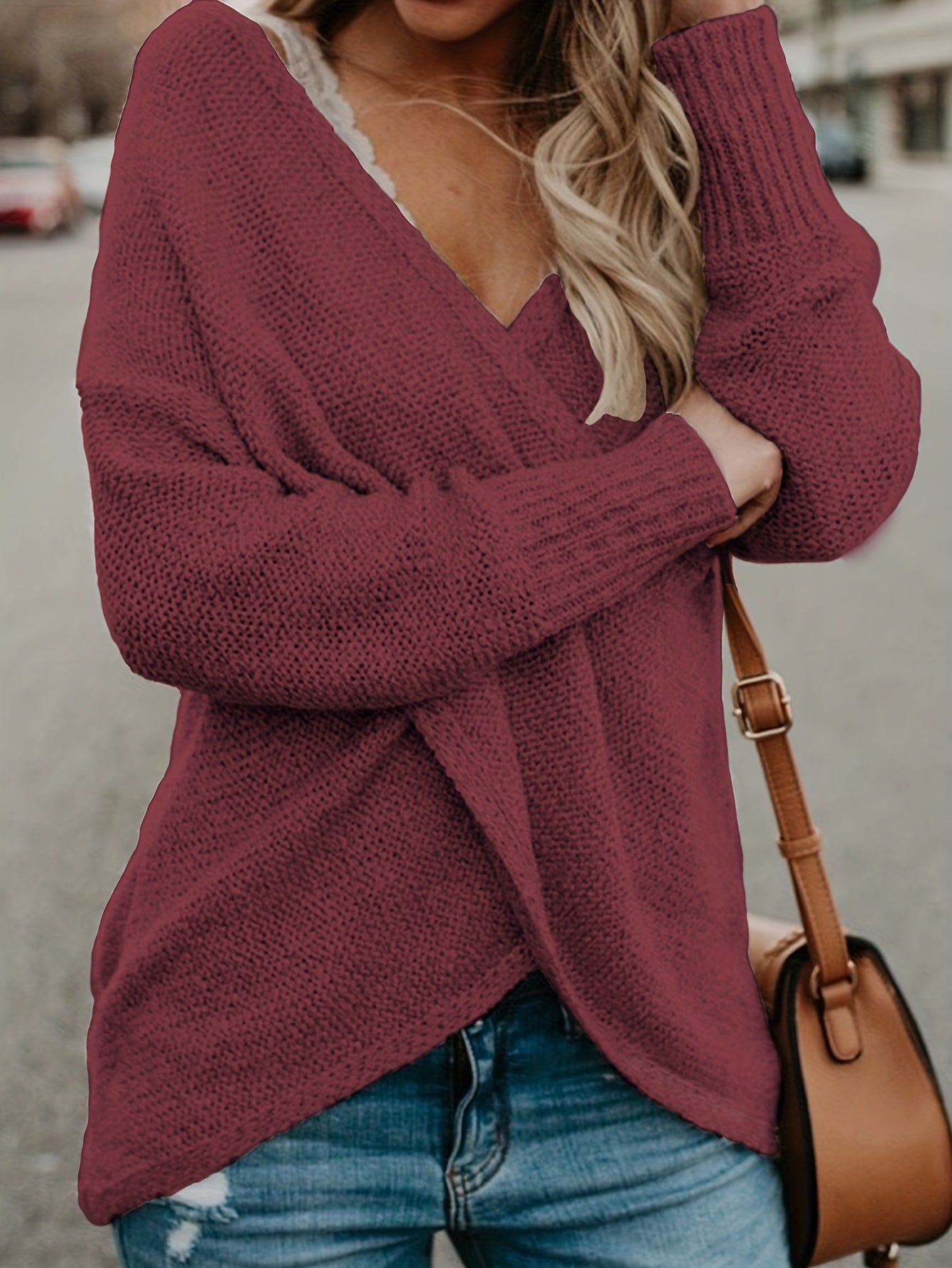 Surplice Neck Cross Front Sweater Long Sleeve Spring & Fall Women's Clothing