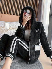 Letter Print Lounge Set Long Sleeve Zipper Hooded Top & Elastic Waistband Pants