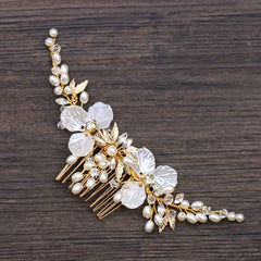 Faux Pearl Hair Comb Flower Hair Comb Golden Leaf Bridal Insert Comb