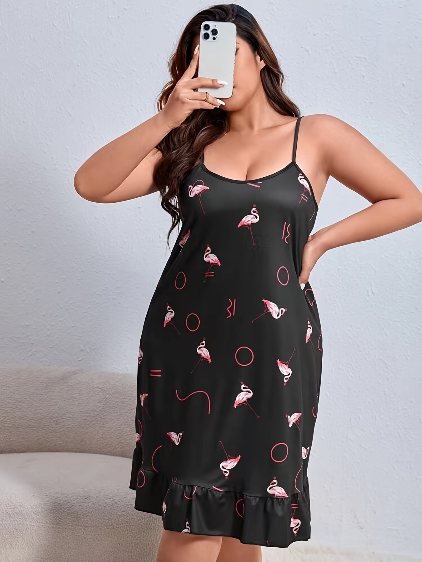 Flamingo Print Ruffle Trim Sleep Dress