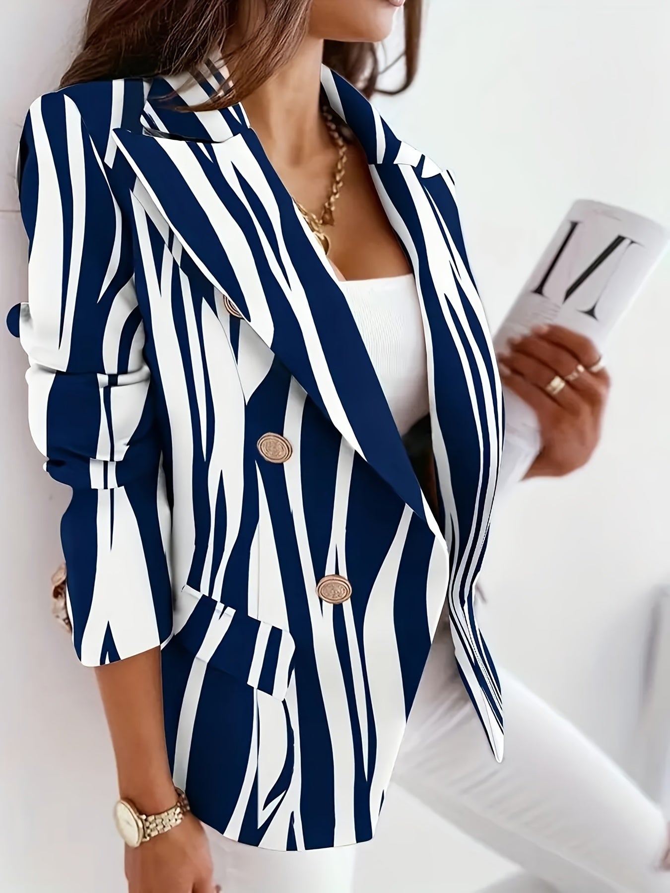 Chain Print Double Breasted Long Sleeve Blazer
