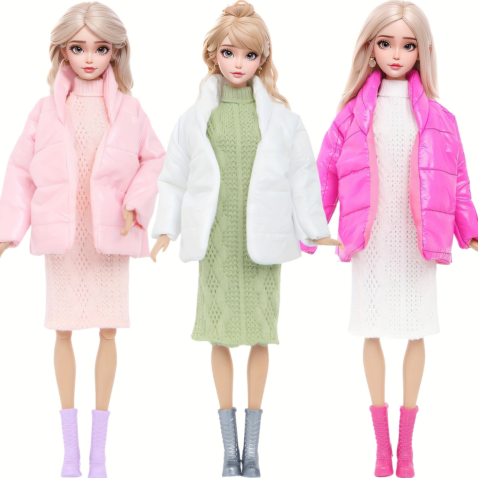 3pcs Doll Clothes Winter Coat Knitted Dress Skirt Boots High Heels No Dolls