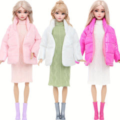 3pcs Doll Clothes Winter Coat Knitted Dress Skirt Boots High Heels No Dolls