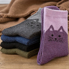 5 Pairs Cat Print Socks Warm & Comfy Women's Mid Tube Stockings