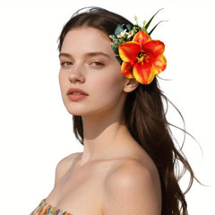 Tropical Hawaiian Flower Hair Clips - Orange & Yellow Floral Barrettes