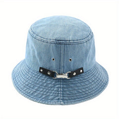 Y2K Denim Bucket Hat Washed Packable Basin Hat Chain Decor Casual Sunscreen