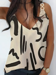 Letter Print Chain Cami Top V-Neck Sleeveless Summer Top