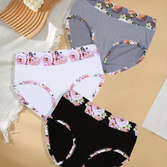 3 Pack Plus Size Panties Set Women's Plus Contrast Floral Print Solid Briefs
