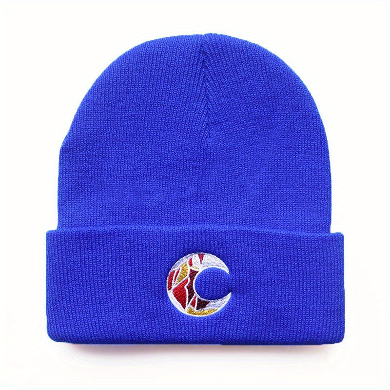 Crescent Embroidery Beanie Knit Hat Unisex Warm Lightweight