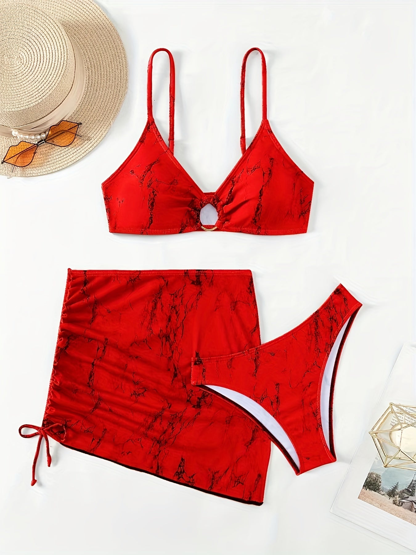 Rock Marks Print Ring Centre Core Bikini Set With Sheer Cover Up