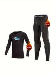 Christmas Shark Print Kids Fleece Lined Compression Base Set
