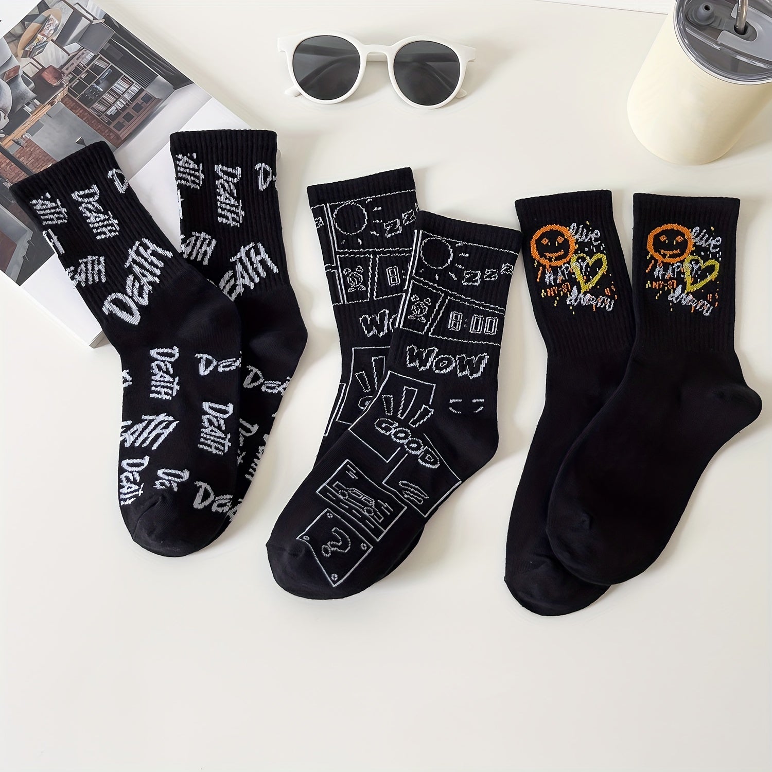 3 Pairs Letter Print Socks Comfy & Breathable Women's Stockings