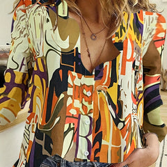 Casual Blouse Women's Plus Random Print Long Sleeve Button Up