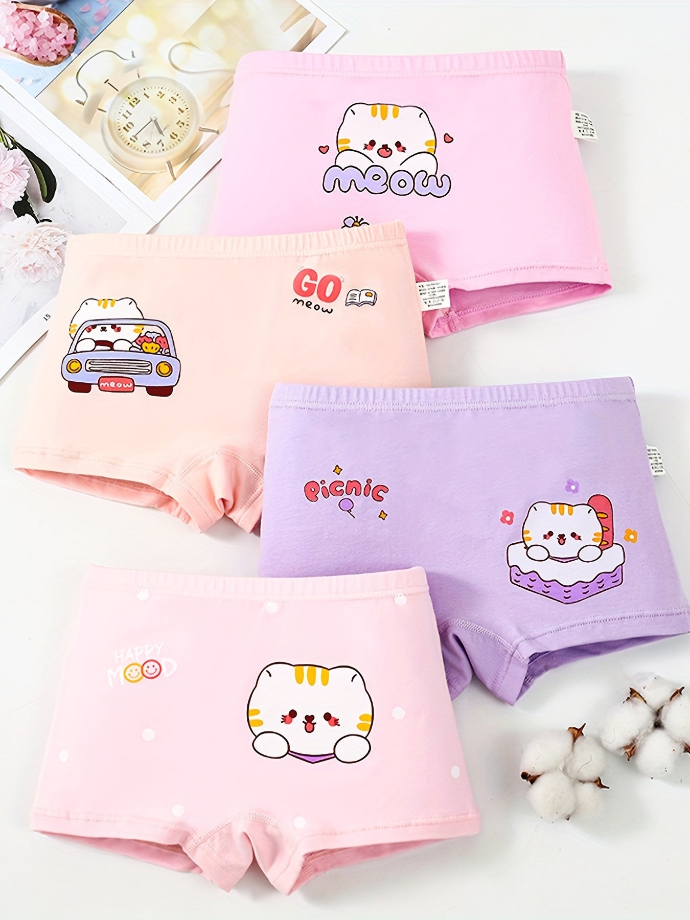 4 Pack Girls Cotton Boxer Shorts Cat Printed Underwear for Kids