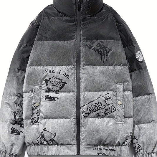 Graffiti Print Puffer Jacket Men's Stand Collar Down Coat