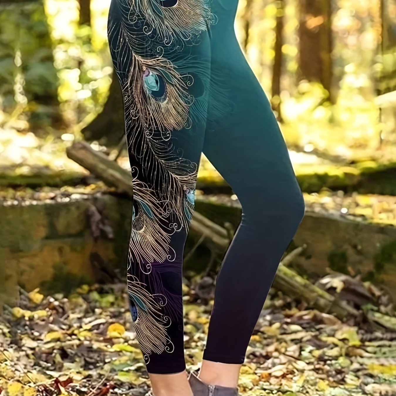 Casual Ombre Peacock Print High Rise Leggings