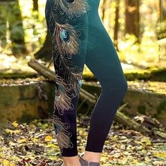 Casual Ombre Peacock Print High Rise Leggings