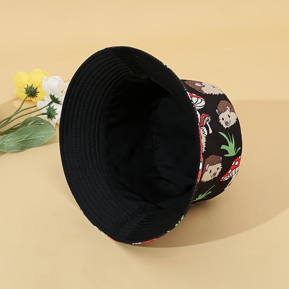 Vintage Cartoon Bucket Hat Hedgehog Mushroom Print Reversible Sun Hat