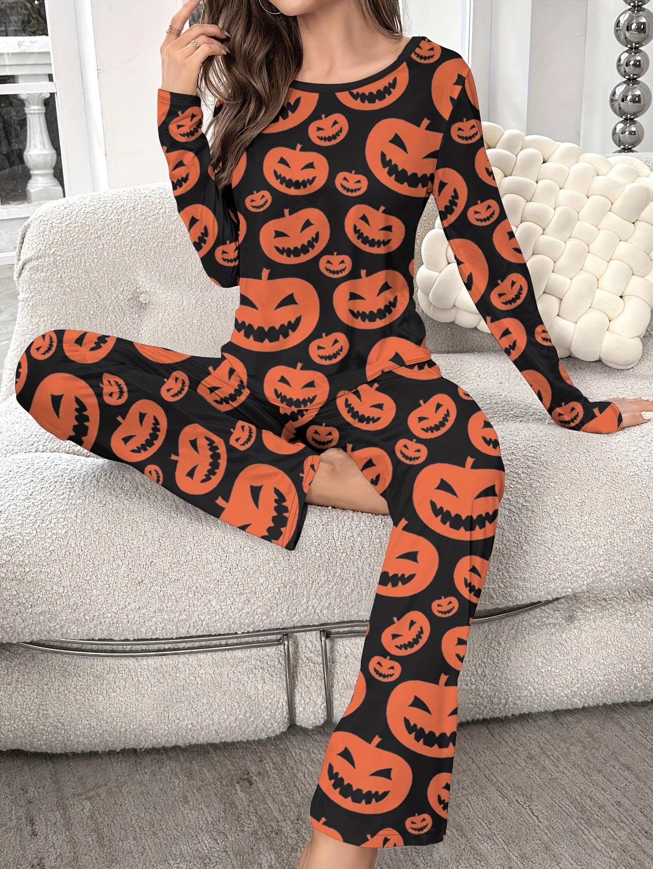 Pumpkin Print Halloween Pajama Set Long Sleeve Crew Neck Top & Elastic Waistband