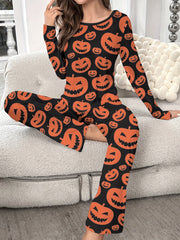 Pumpkin Print Halloween Pajama Set Long Sleeve Crew Neck Top & Elastic Waistband