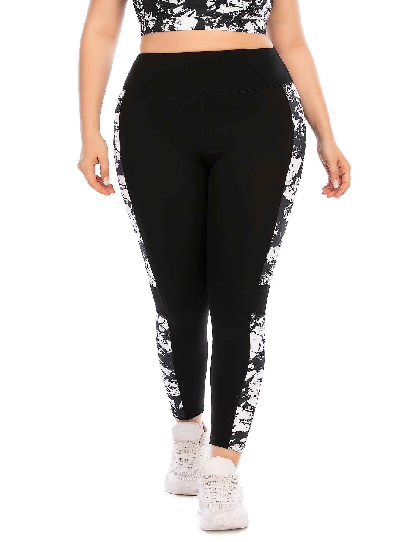 Colorblock Marble Print Yoga Sports Leggings Plus Size
