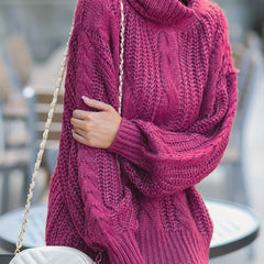 Casual Sweater Women's Plus Solid Cable Lantern Sleeve High Neck Jumpe
