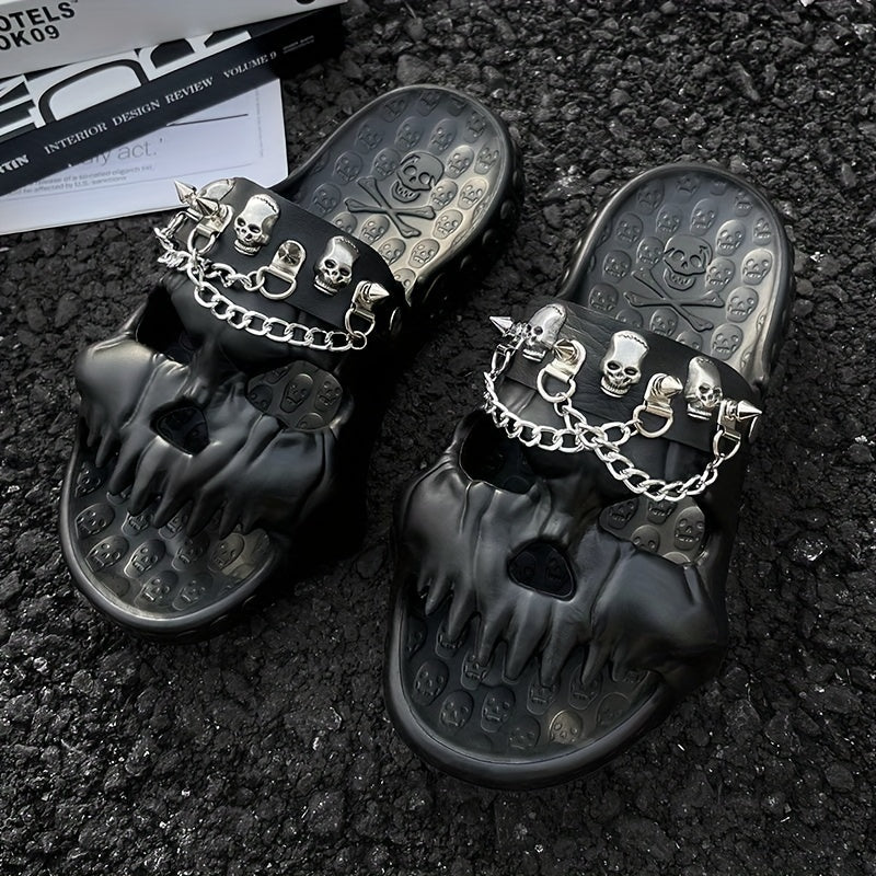 Men's Skull Slides w/ Chains Thick Bottom Comfort Slippers