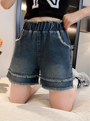 Vintage Denim Shorts with Raw Trims, Elastic Waist, Summer Kids Outfit