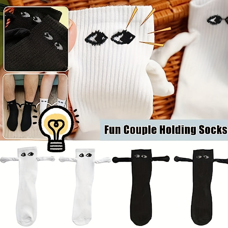 2-Pairs Couple Creative Mid-Calf Socks with 3D Magnetic Hand Holding Dolls