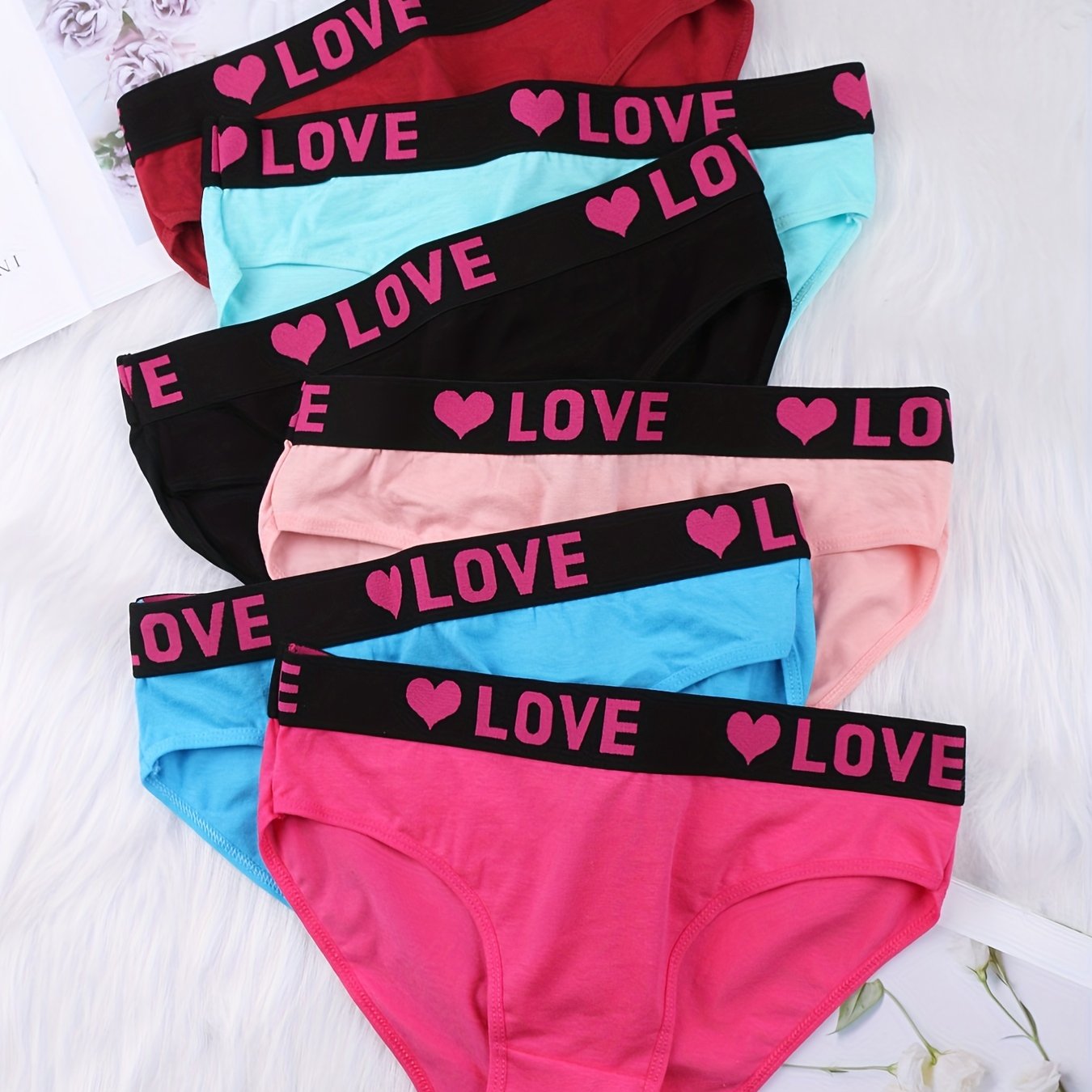 6pcs Letter Tape Bikini Panties Soft & Colorblock Low Waist Intimates Panties