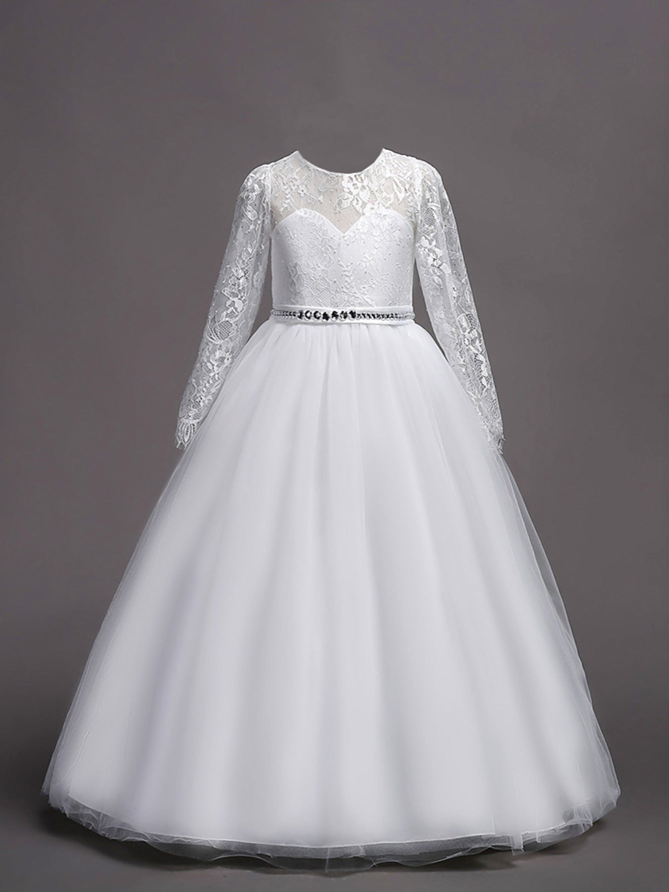 Girls Lace Long Sleeve Dress Wedding Princess Party Dress