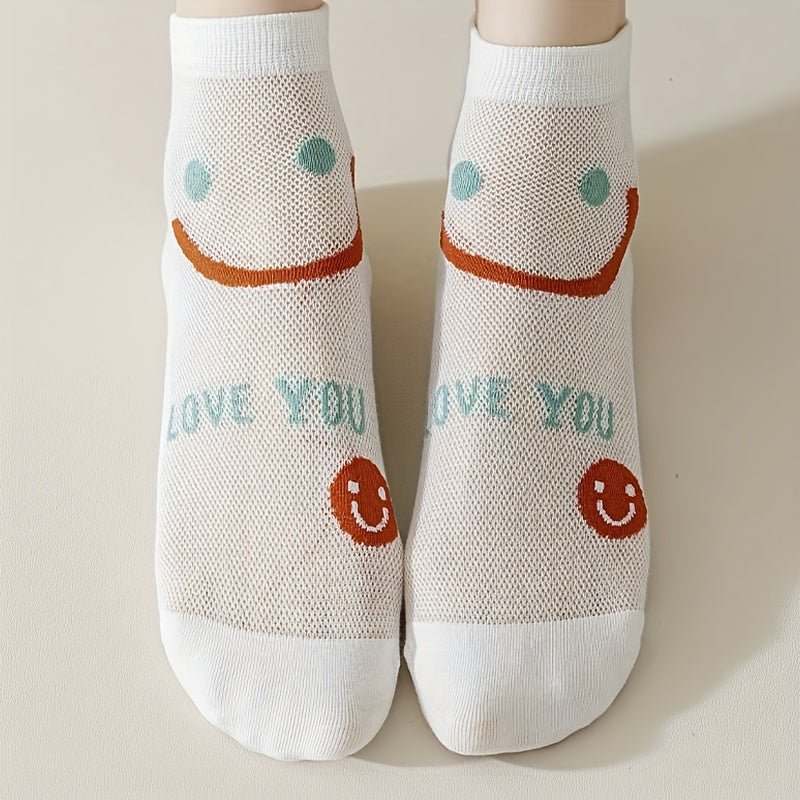 6 Pairs Smiling & Floral Print Women's Socks Sweet & Breathable Stockings