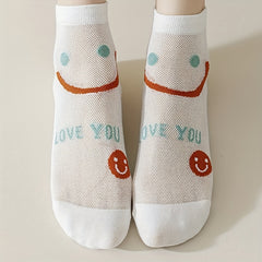 6 Pairs Smiling & Floral Print Women's Socks Sweet & Breathable Stockings