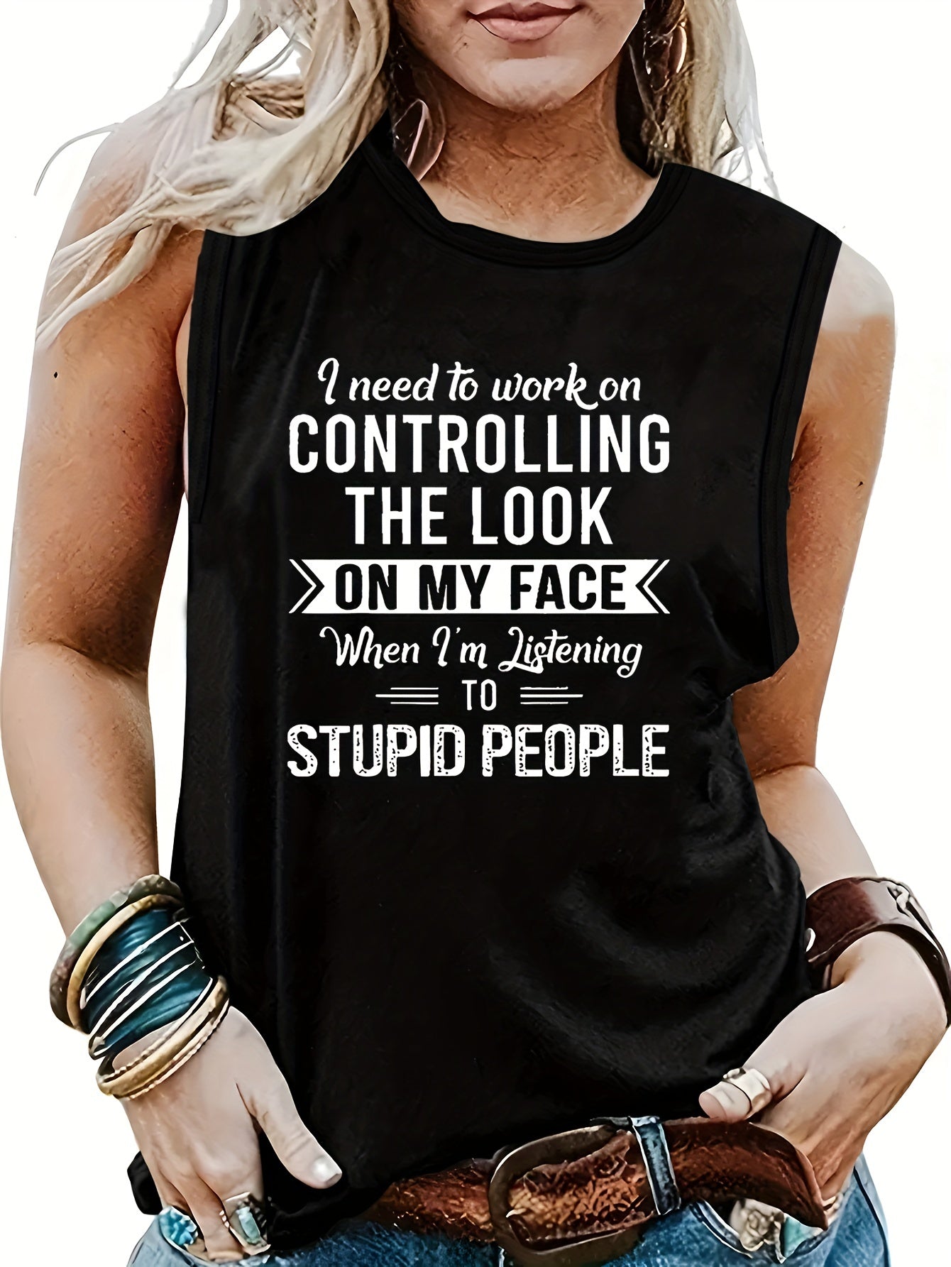 Letter Print Crew Neck Tank Top Summer Women's Clothing