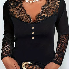 Solid Lace Long Sleeve V Neck Knit Top