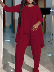 Solid Long Sleeve Round Neck Tunic Top & Pants Outfit Set