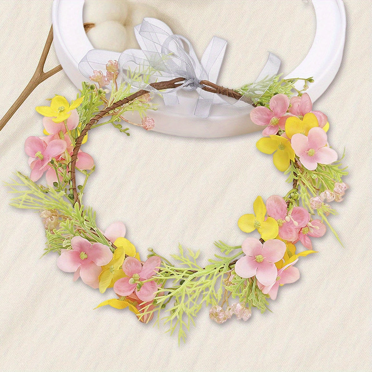 Floral Bridal Flower Crown Headband with Leaf Wreath & Pink Yellow Flowers