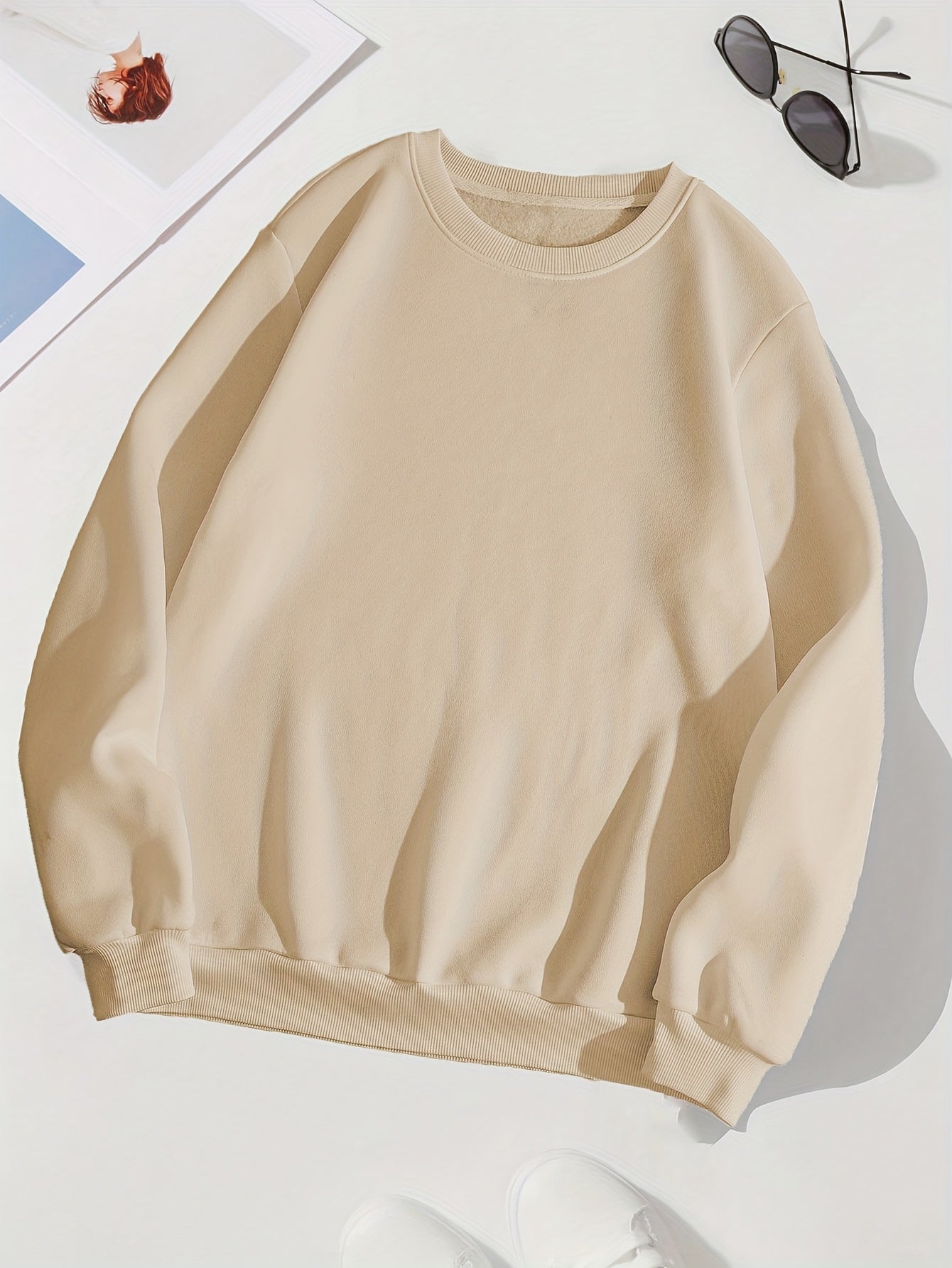 Solid Crew Neck Long Sleeve Sweater Plush Inner Outwear Pullover Shirt