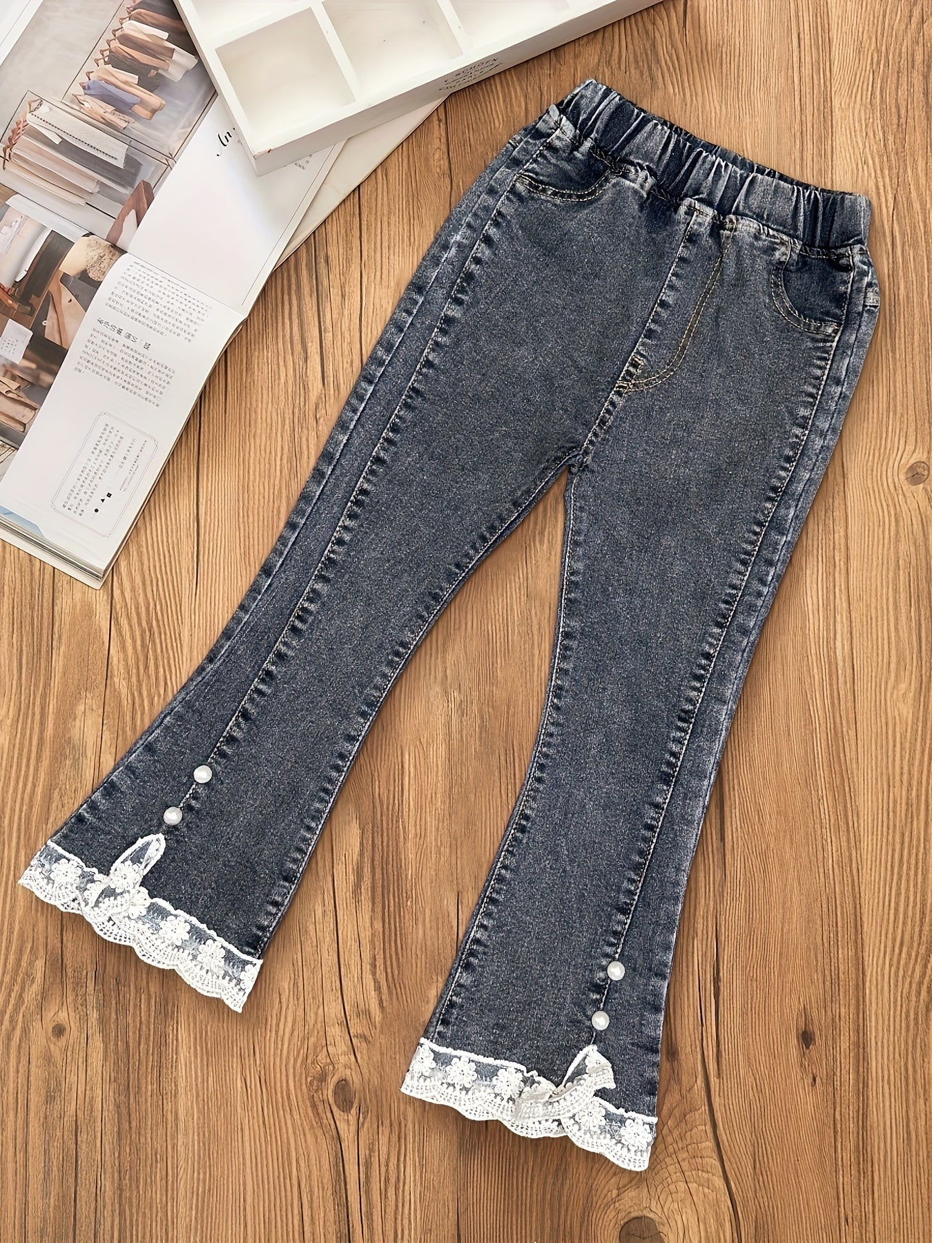 Girls Flared Denim Pants with Lace Trim for Kids