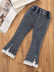 Girls Flared Denim Pants with Lace Trim for Kids