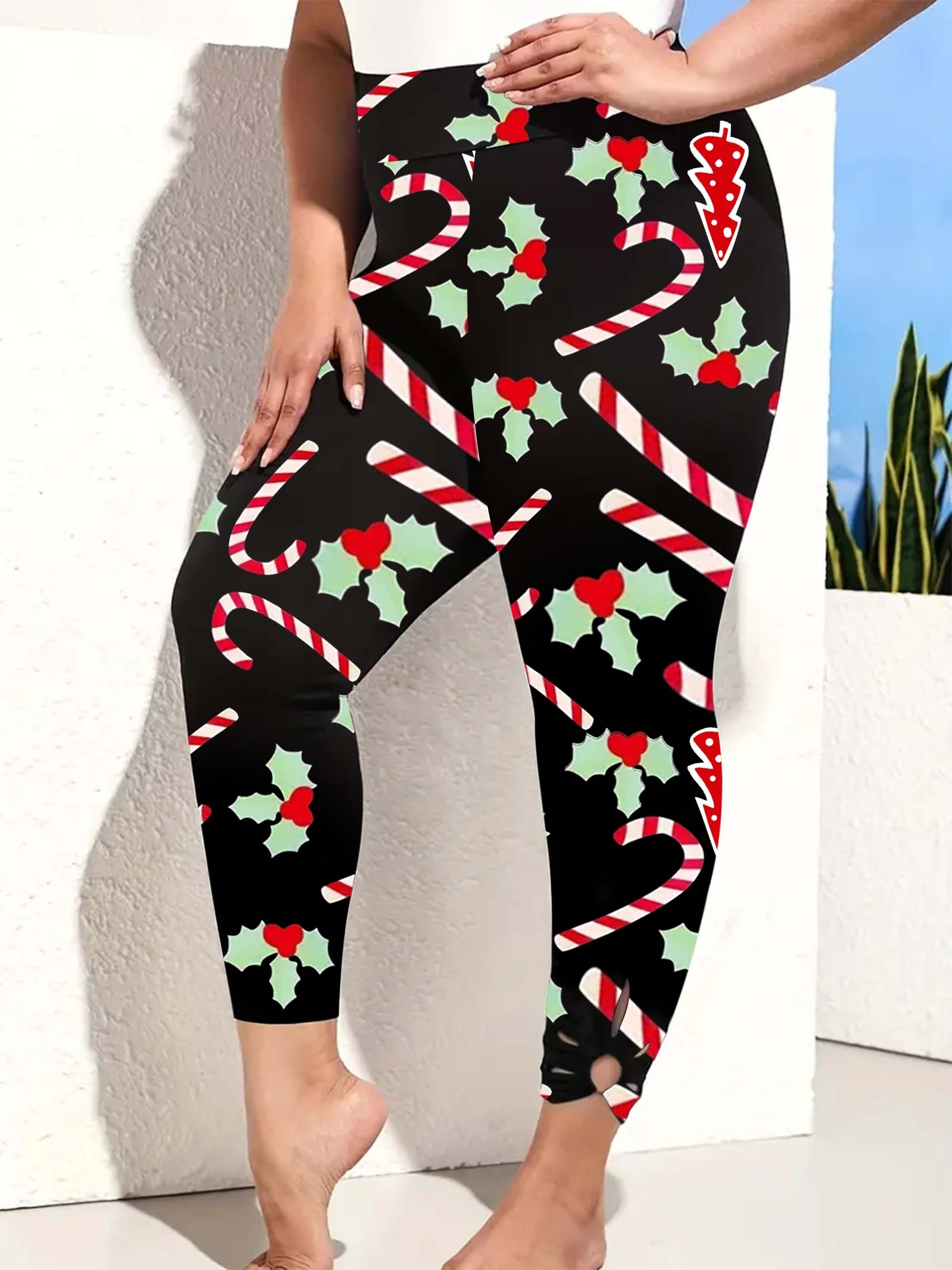 Women's Plus Christmas Candy Print Side Cut Out High Rise Skinny Trousers