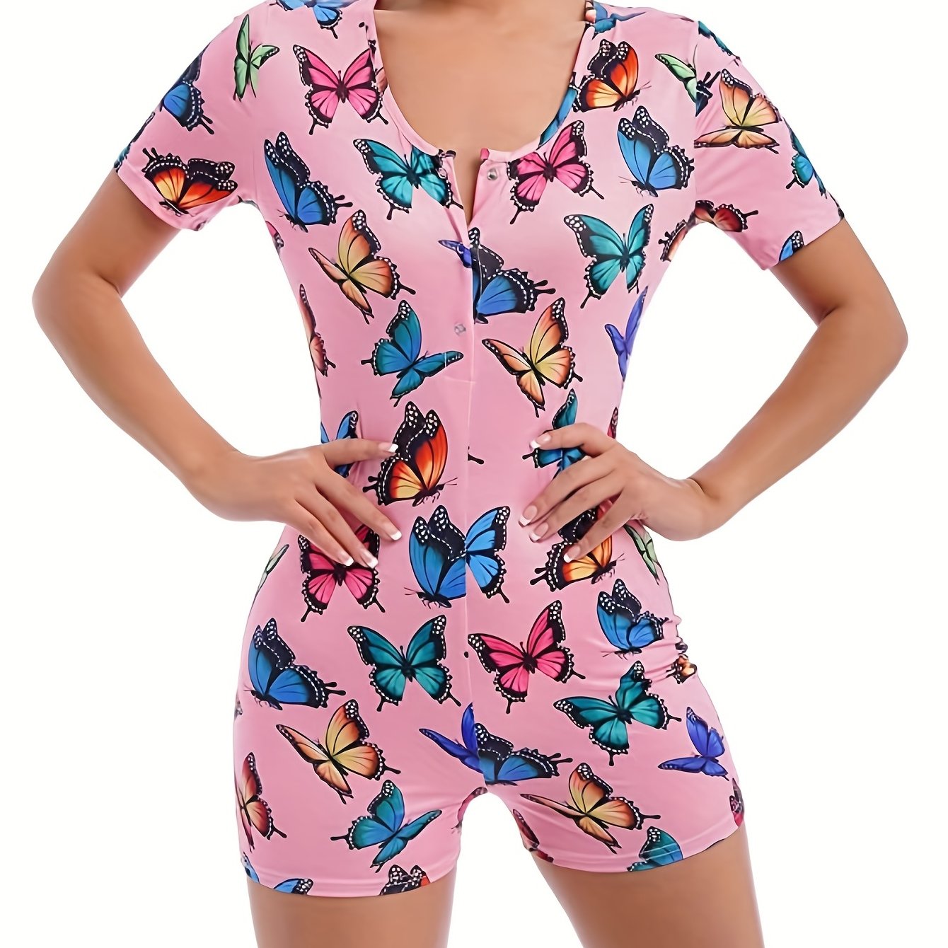 Butterfly Pattern Lounge Romper Sexy Short Sleeve Buttons Romper