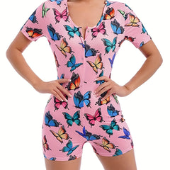 Butterfly Pattern Lounge Romper Sexy Short Sleeve Buttons Romper