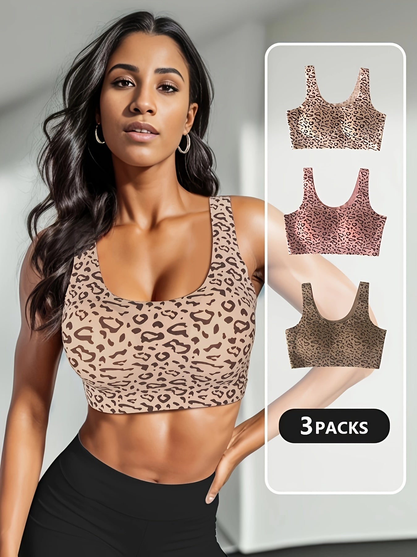 3pcs Leopard Wireless Bras Seamless Breathable Women's Lingerie